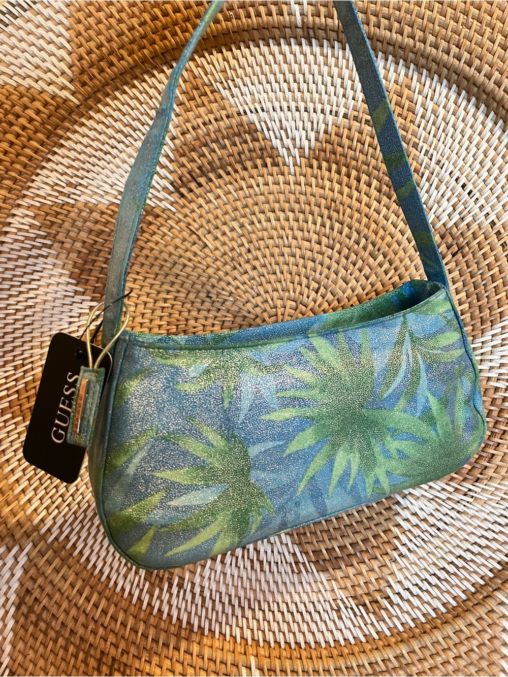 GUESS Palm Tropical Print Small Shoulder Bag Blue & Green